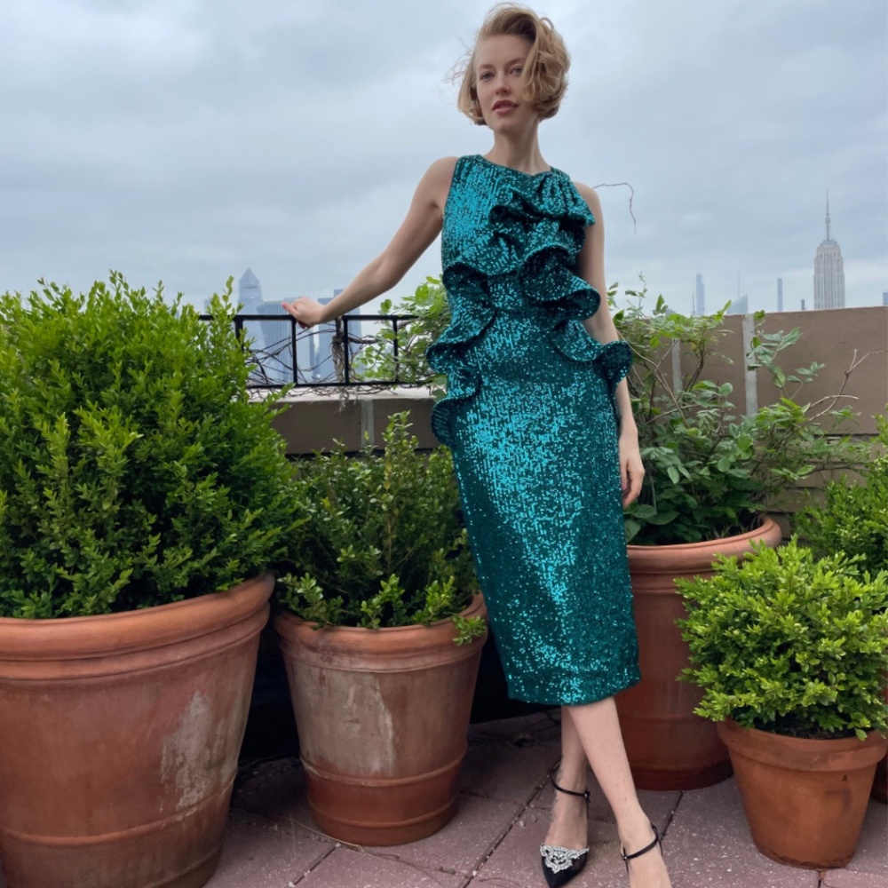 Badgley Mischka Sequin Christmas Party Dress Peacock teal greenish blue Sz 6 NWT